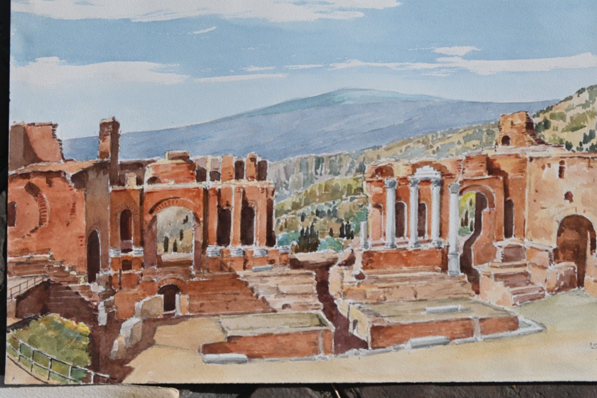 Aquarelles en suite de 10; vues de Temples antiques et monuments d Italie-photo-1