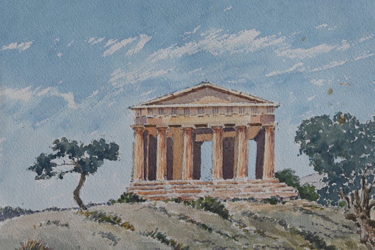 Aquarelles en suite de 10; vues de Temples antiques et monuments d Italie-photo-2