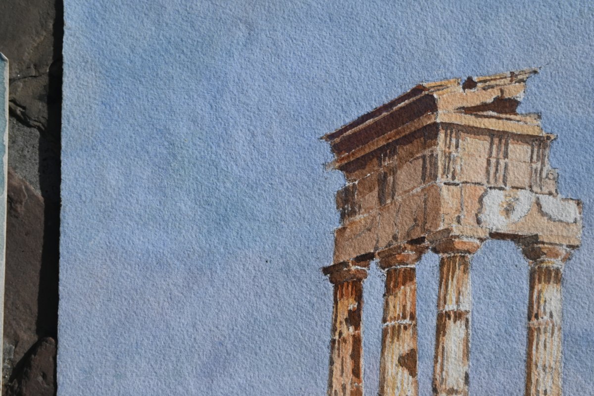Aquarelles en suite de 10; vues de Temples antiques et monuments d Italie-photo-4