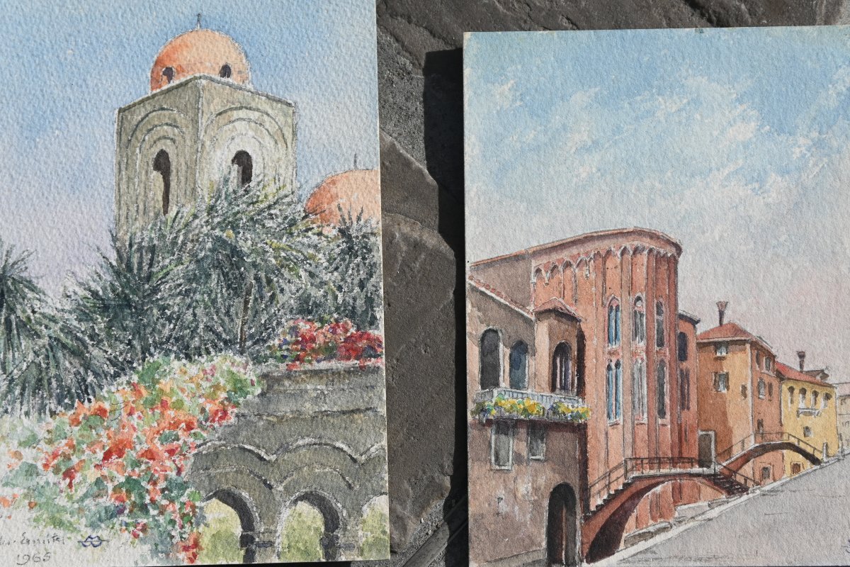 Aquarelles en suite de 10; vues de Temples antiques et monuments d Italie-photo-6
