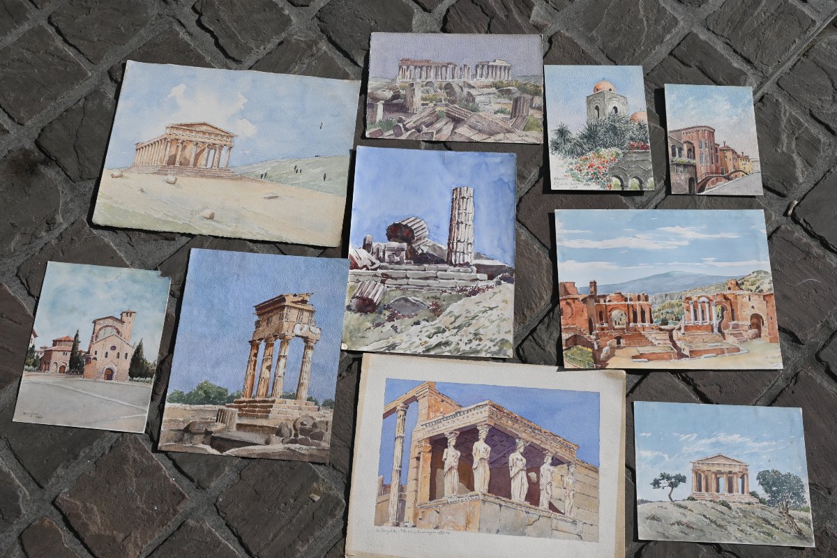 Aquarelles en suite de 10; vues de Temples antiques et monuments d Italie-photo-7