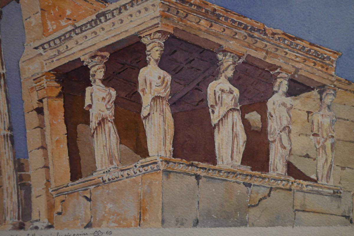 Aquarelles en suite de 10; vues de Temples antiques et monuments d Italie