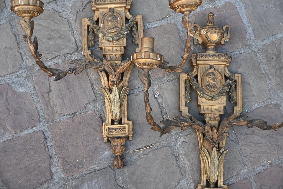 Belle paire d appliques en bois sculpté et doré d epoque Directoire fin XVIII -photo-3