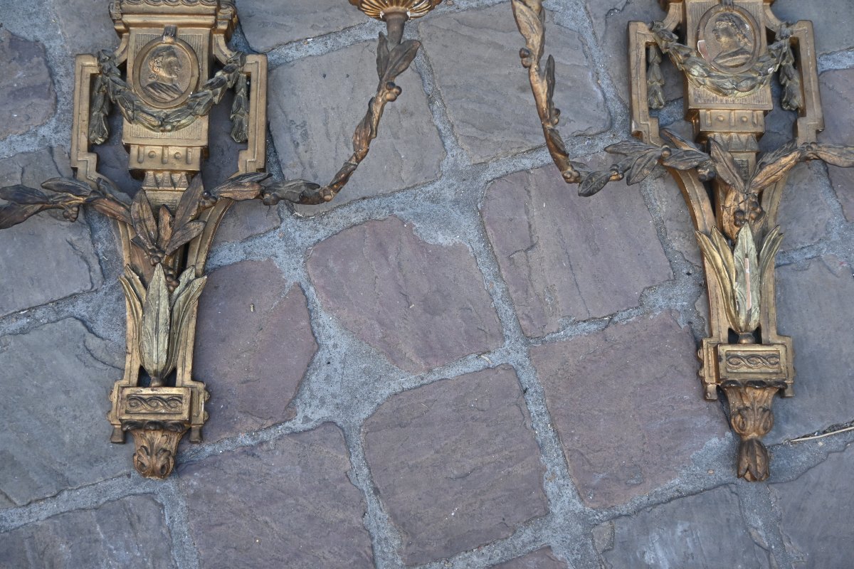 Belle paire d appliques en bois sculpté et doré d epoque Directoire fin XVIII -photo-3