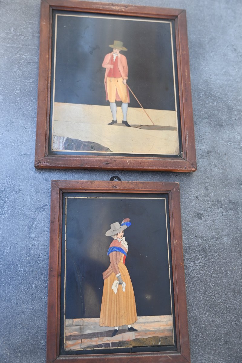 Deux panneaux en marqueterie de pierres dures, personnages , Italie XIX