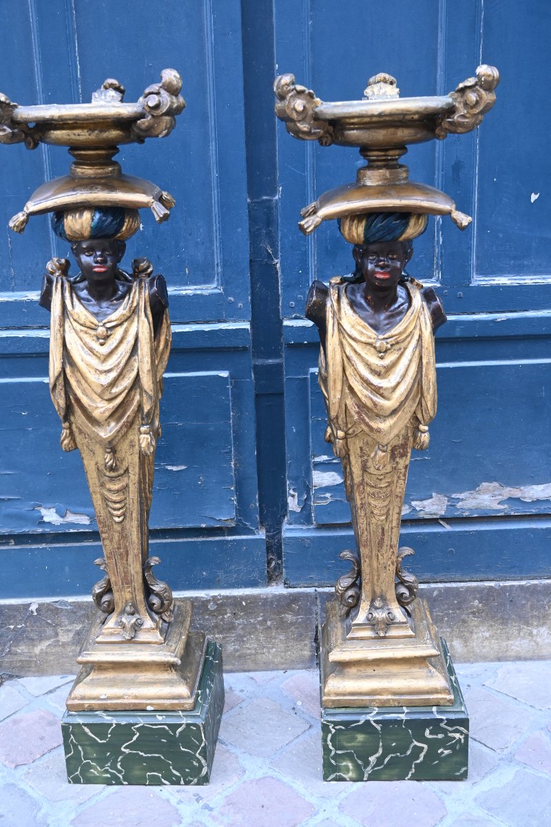 Paire de rares portes bougeoirs en forme de Nubiens Venise début XIX-photo-2