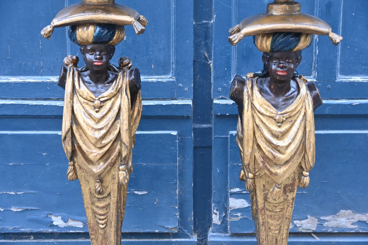 Paire de rares portes bougeoirs en forme de Nubiens Venise début XIX-photo-3