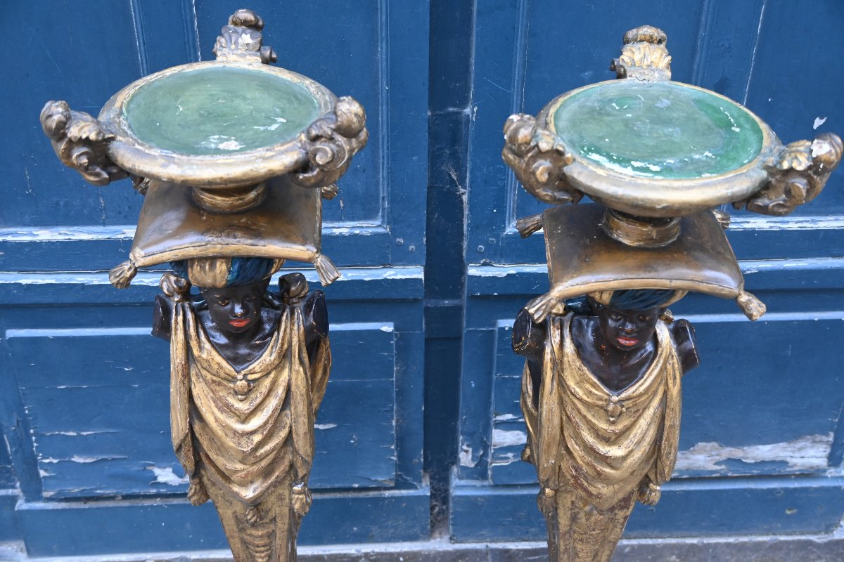 Paire de rares portes bougeoirs en forme de Nubiens Venise début XIX-photo-4