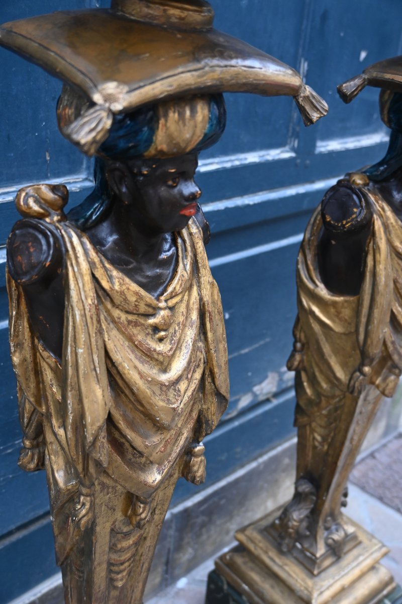 Paire de rares portes bougeoirs en forme de Nubiens Venise début XIX-photo-2