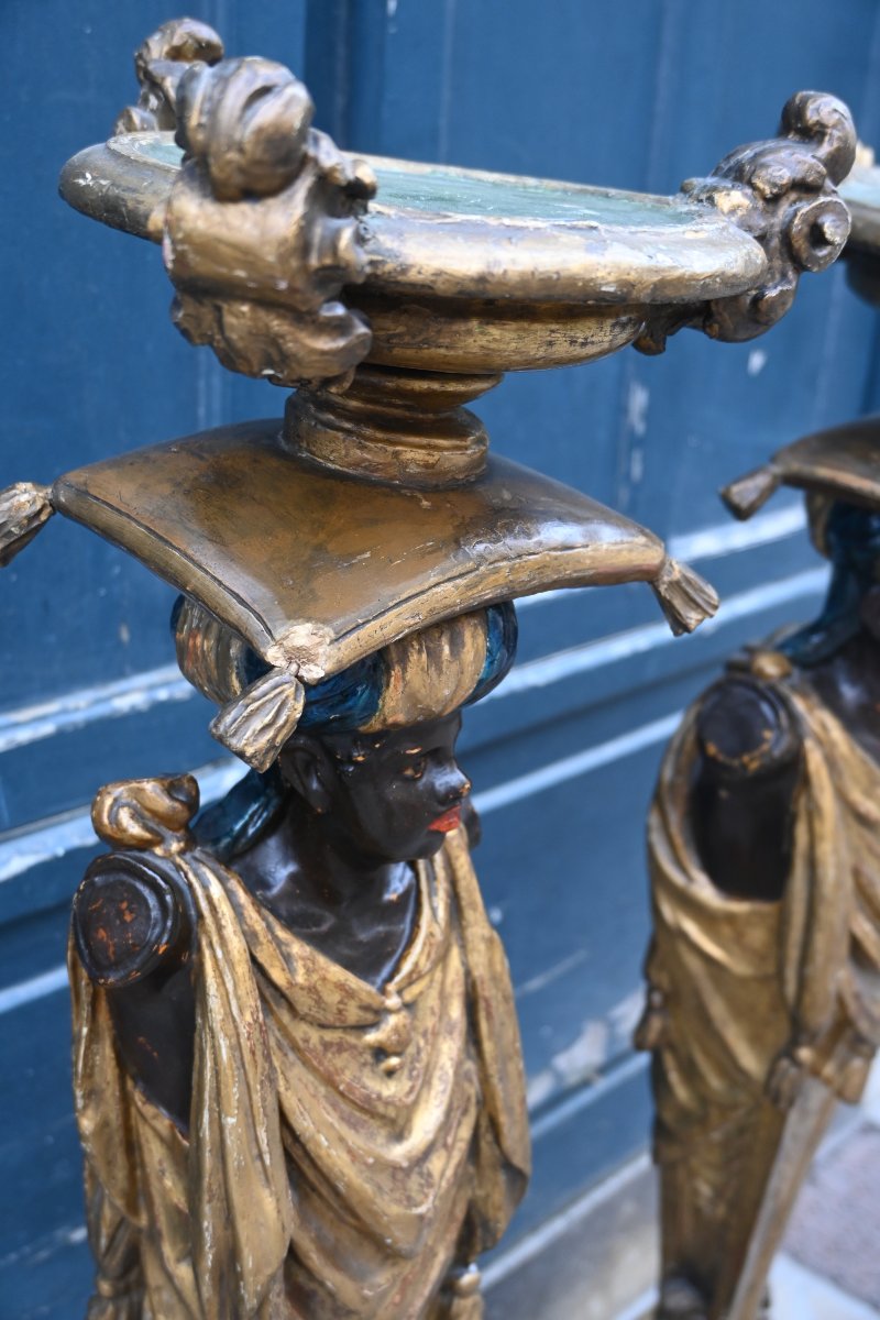 Paire de rares portes bougeoirs en forme de Nubiens Venise début XIX-photo-3
