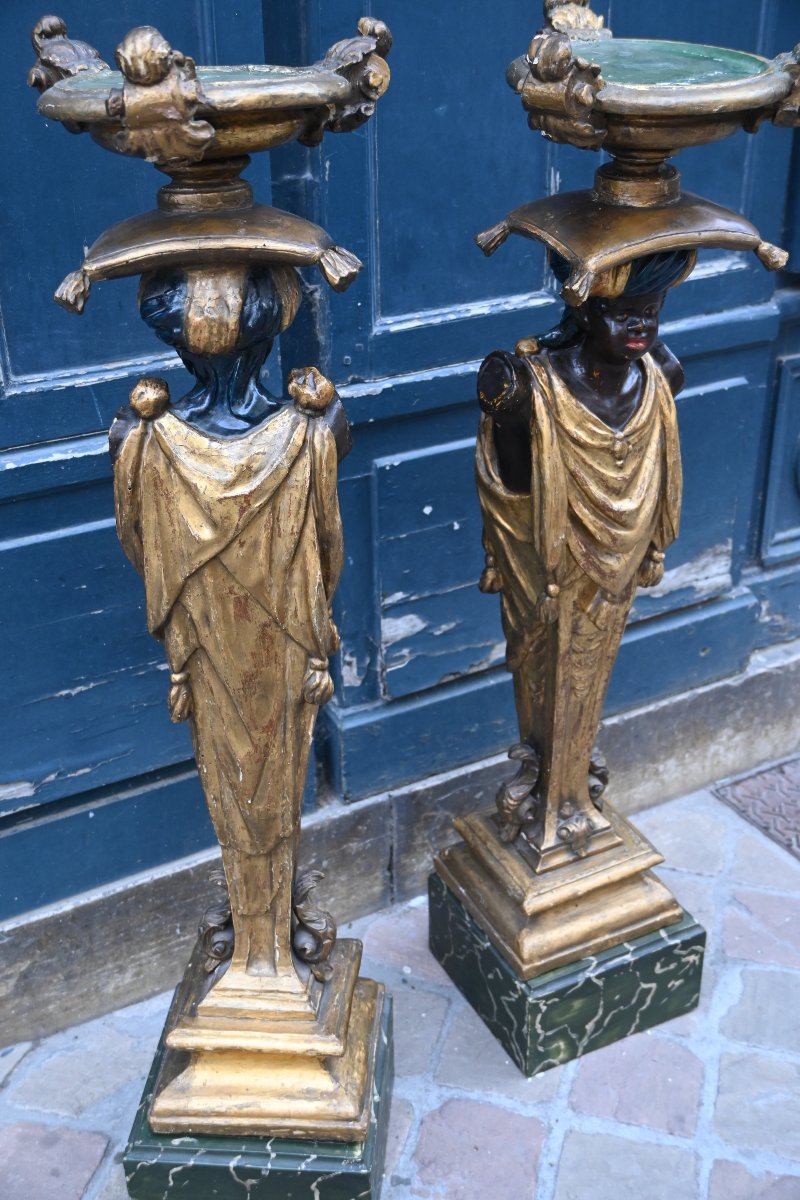 Paire de rares portes bougeoirs en forme de Nubiens Venise début XIX-photo-5