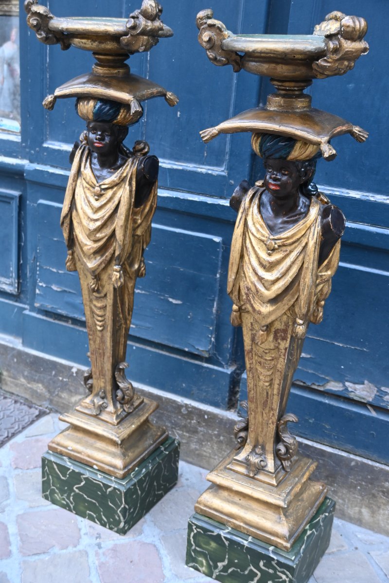 Paire de rares portes bougeoirs en forme de Nubiens Venise début XIX-photo-7