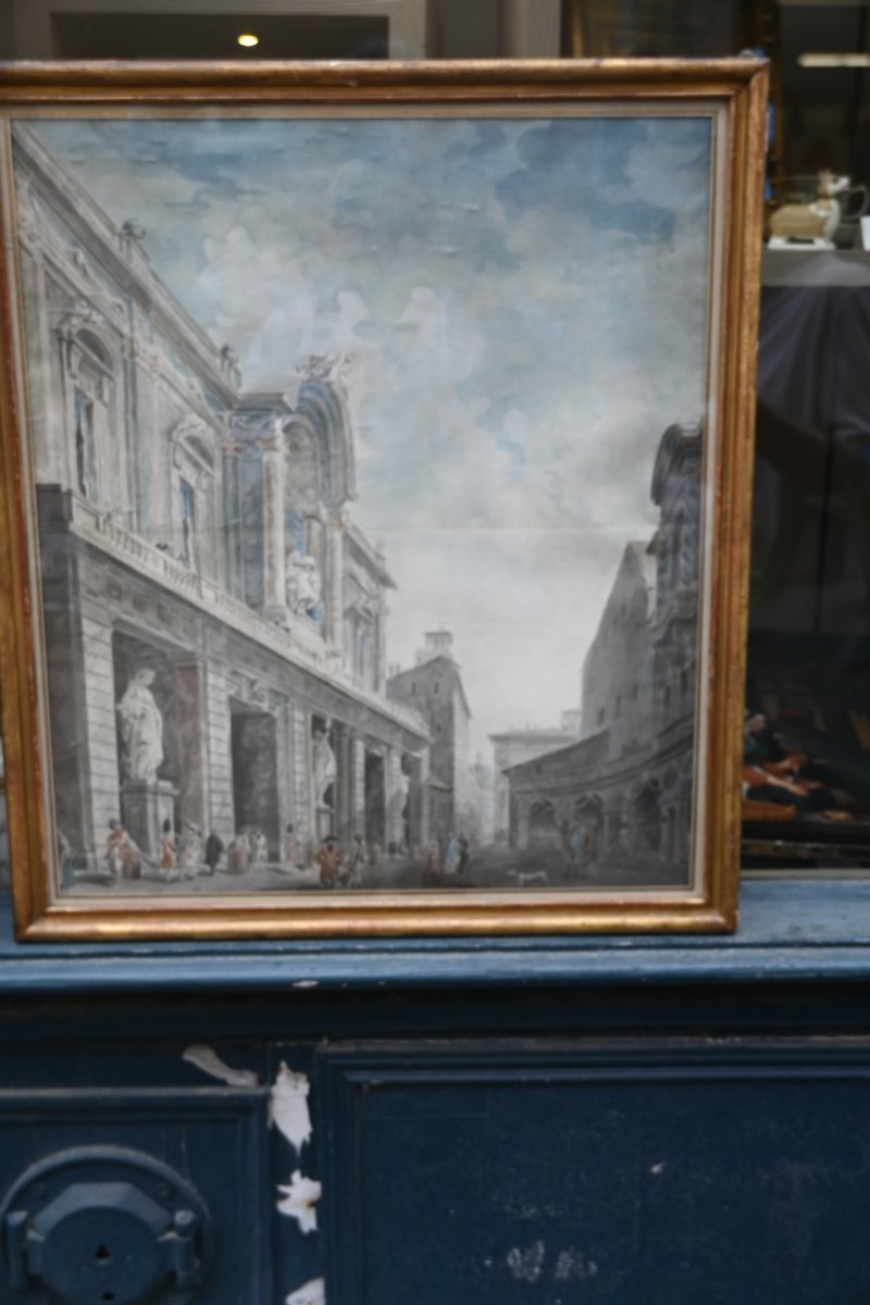 Rome , grande aquarelle rue de Rome  , école de Louis Ducros-photo-2