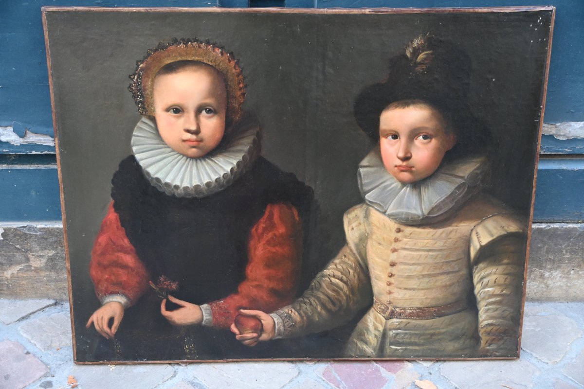 Charmant double portrait d enfants dans le style hollandais du XVII-photo-4