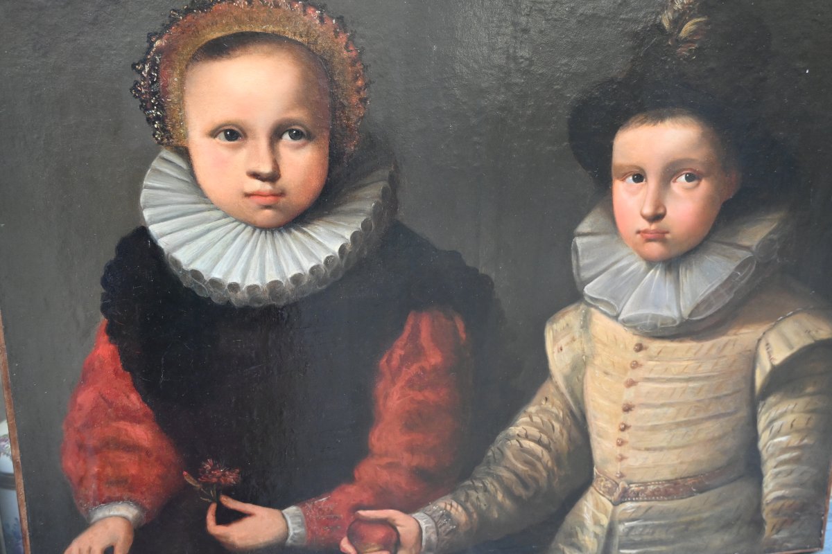 Charmant double portrait d enfants dans le style hollandais du XVII-photo-7