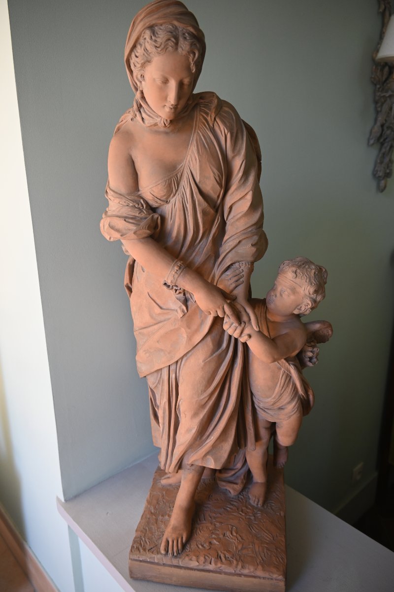 Grande terre cuite jeune femme et l Amour 