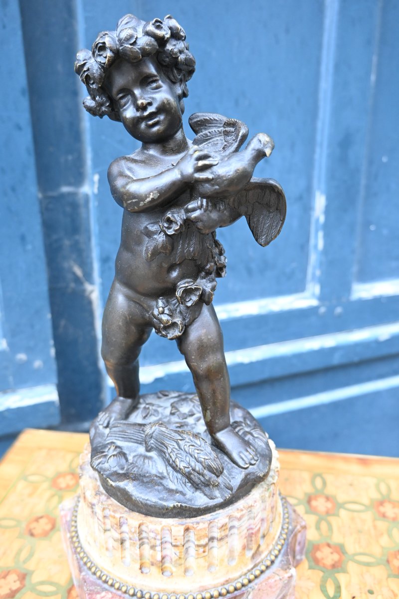 Clodion, amour à la colombe , sculpture enbronze et marbre   de style Louis XVI-photo-2