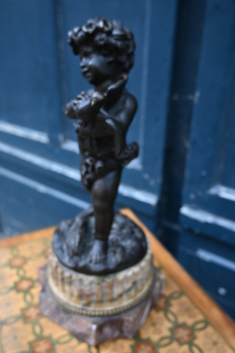 Clodion, amour à la colombe , sculpture enbronze et marbre   de style Louis XVI-photo-3