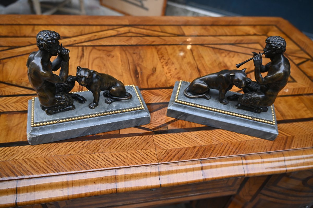 Paire de bronzes faunes et panthères d époque Empire XIX-photo-2