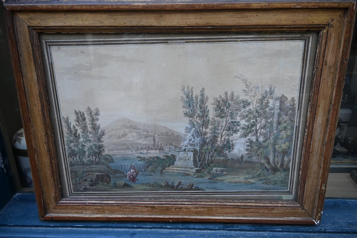 Jean Baptiste Lallemand attribuée , aquarelle "le passage du gué" école  XVIII-photo-4