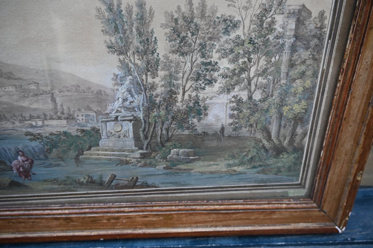 Jean Baptiste Lallemand attribuée , aquarelle "le passage du gué" école  XVIII-photo-3