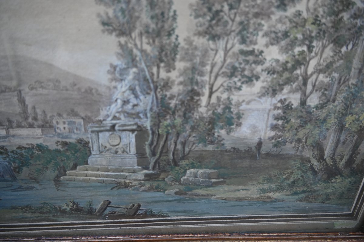 Jean Baptiste Lallemand attribuée , aquarelle "le passage du gué" école  XVIII-photo-6