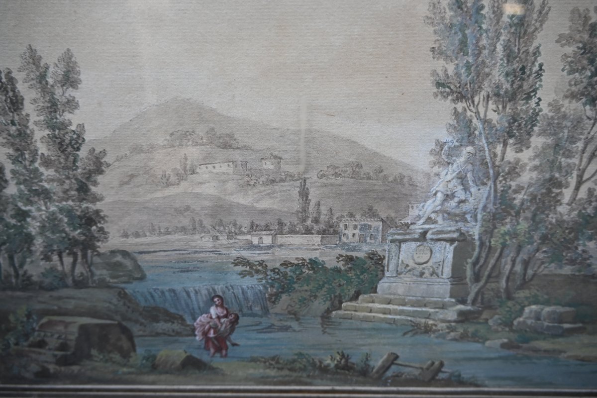 Jean Baptiste Lallemand attribuée , aquarelle "le passage du gué" école  XVIII