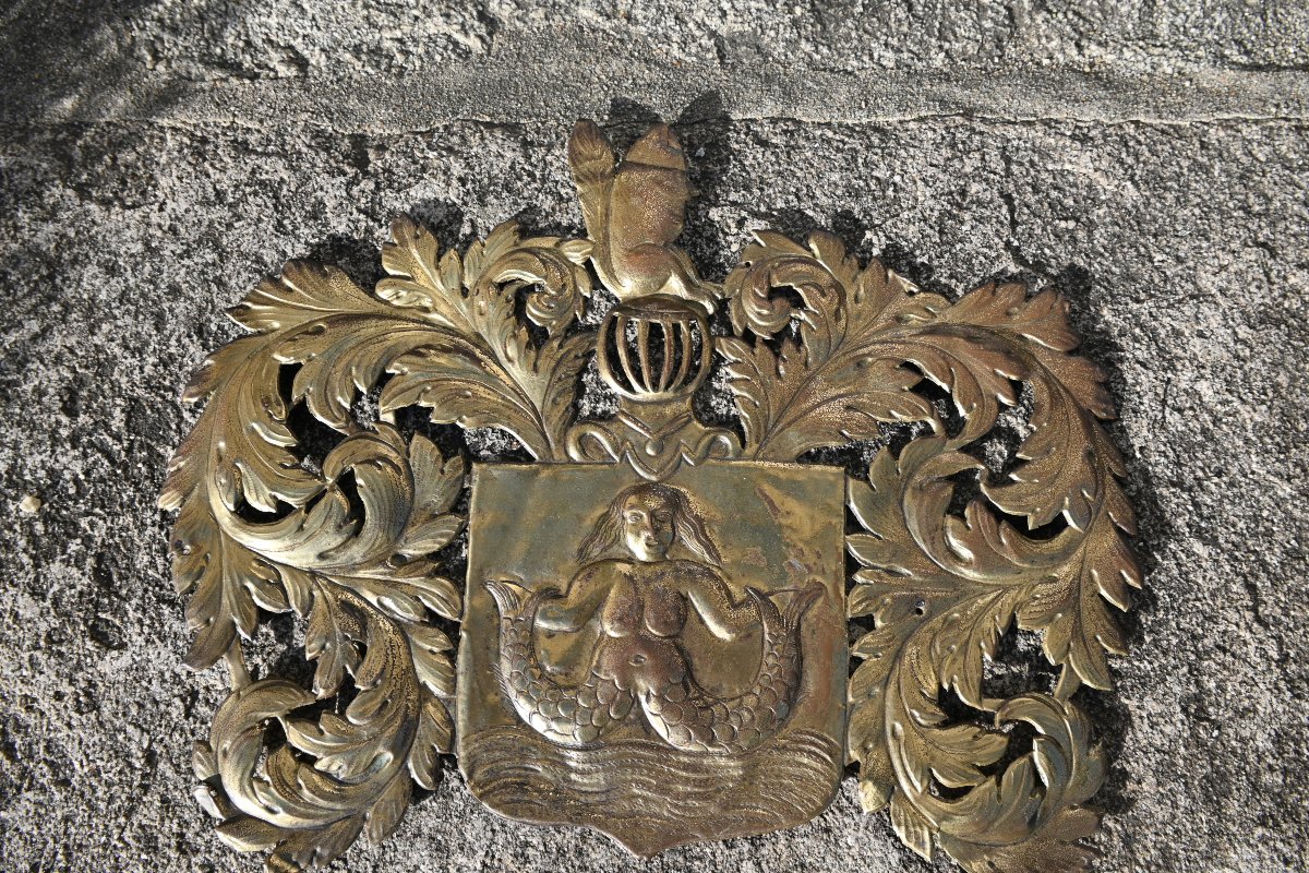 Original Brass Coat Of Arms Decorated With A Mermaid-photo-2