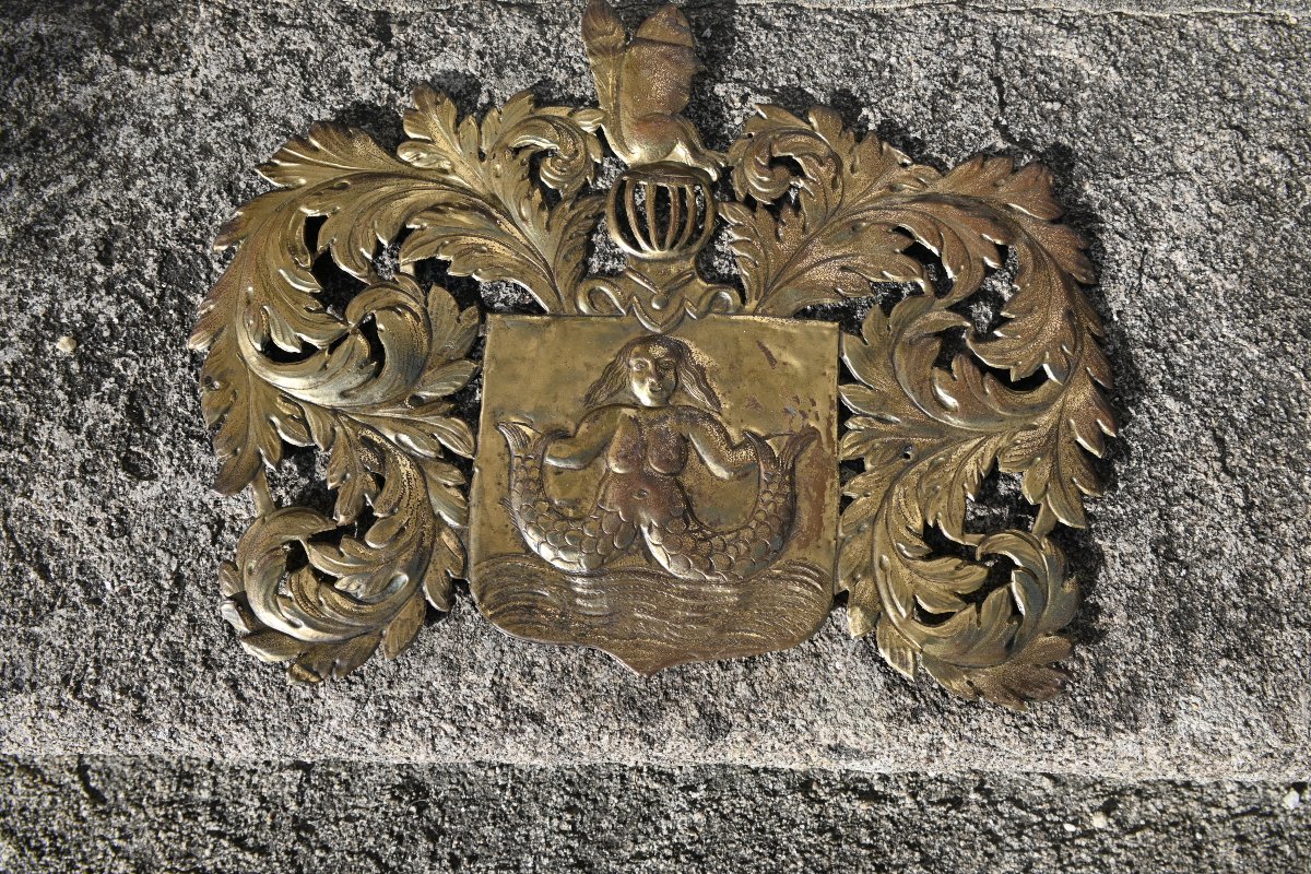 Original Brass Coat Of Arms Decorated With A Mermaid-photo-3