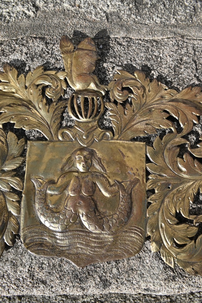 Original Brass Coat Of Arms Decorated With A Mermaid-photo-5