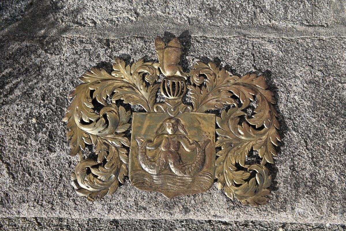 Original Brass Coat Of Arms Decorated With A Mermaid