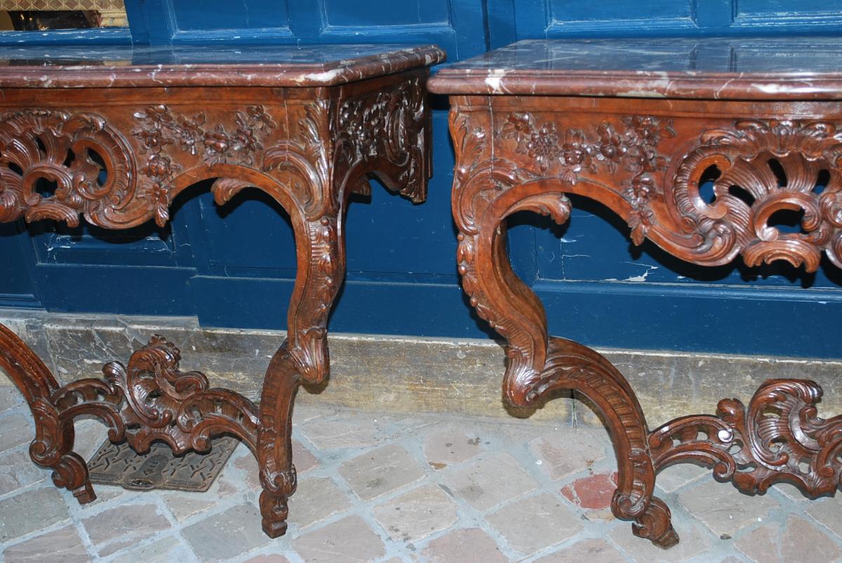 Rare Pair Of Walnut Consoles, Louis XV, Provence XVIII-photo-2
