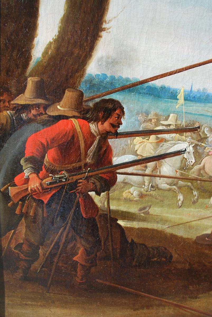 Choc De Cavalerie Signé De Pieter Meulener , Huile XVII-photo-3