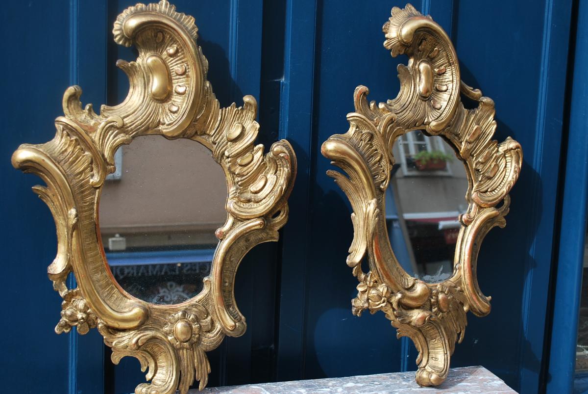 Pair Of Mirrors In Golden Wood D Baroque Italy XVIII