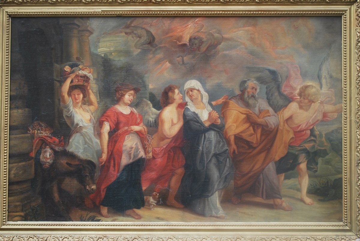 Huile Représentant La Fuite De Loth , D Après Le Tableau De Rubens