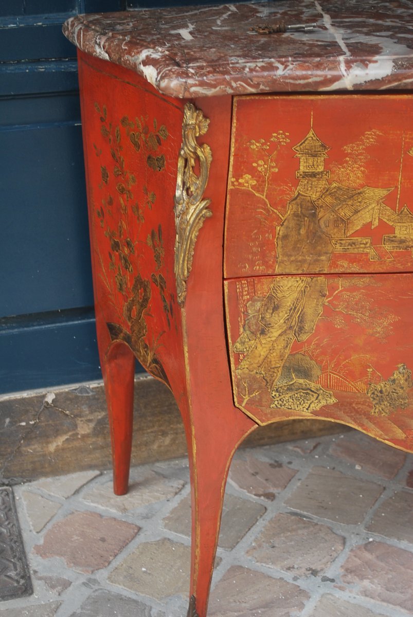 Commode En Vernis Martin à Fond Corail Décor Au Chinois époque Louis XV-photo-4