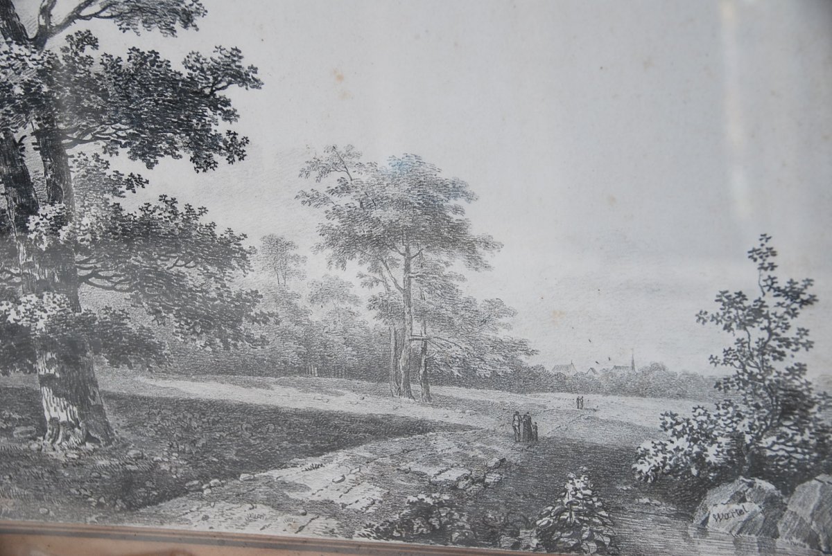 Grand Dessin Paysage Et Arbres Signé De Wartel  .époque Empire XIX-photo-3