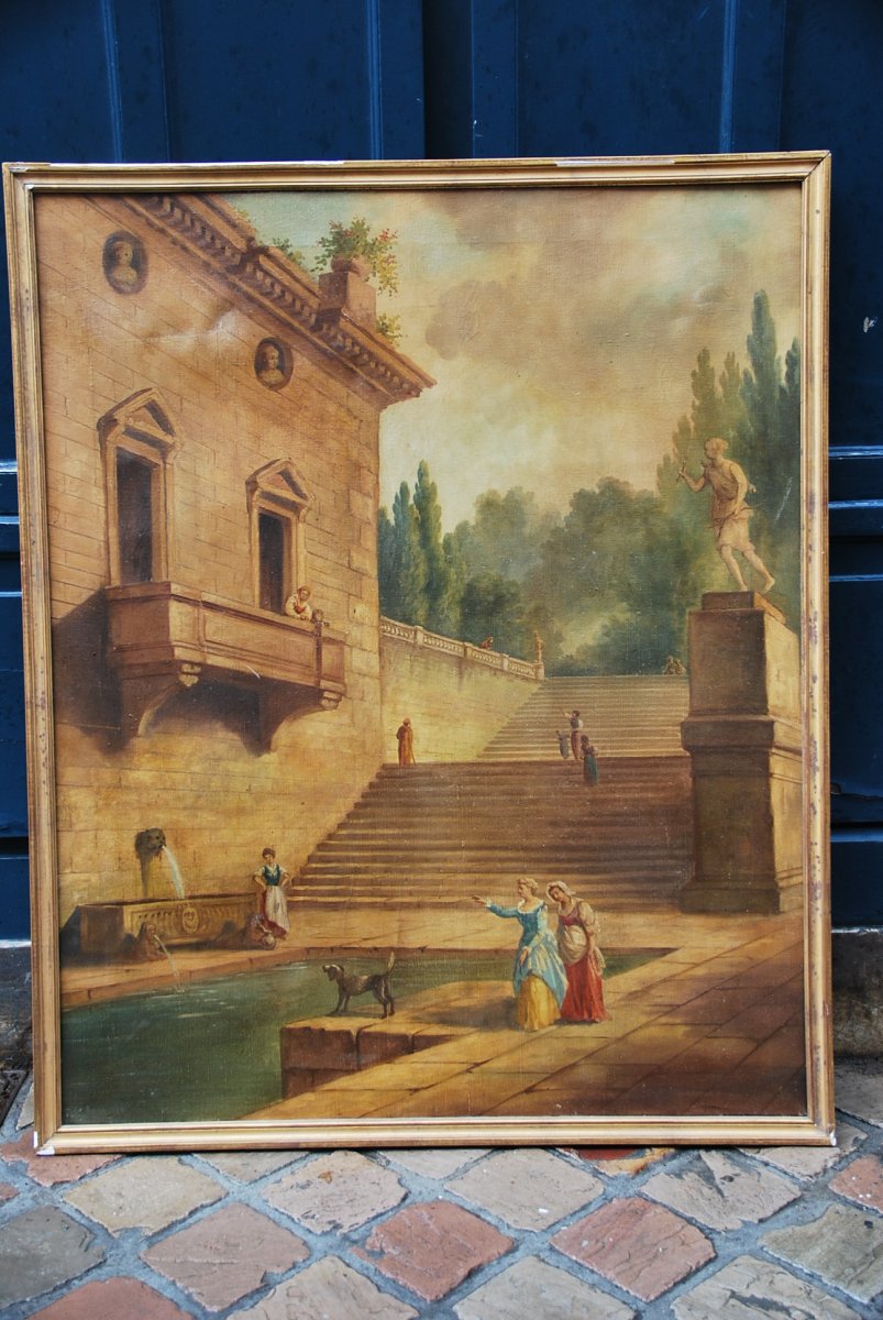 Oil On Canvas The Staircase Of The Roman Villa After Hubert Robert-photo-2