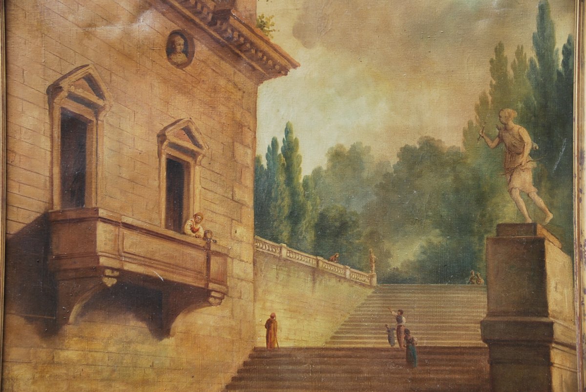 Oil On Canvas The Staircase Of The Roman Villa After Hubert Robert-photo-1