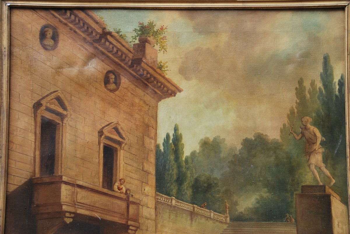 Oil On Canvas The Staircase Of The Roman Villa After Hubert Robert-photo-2