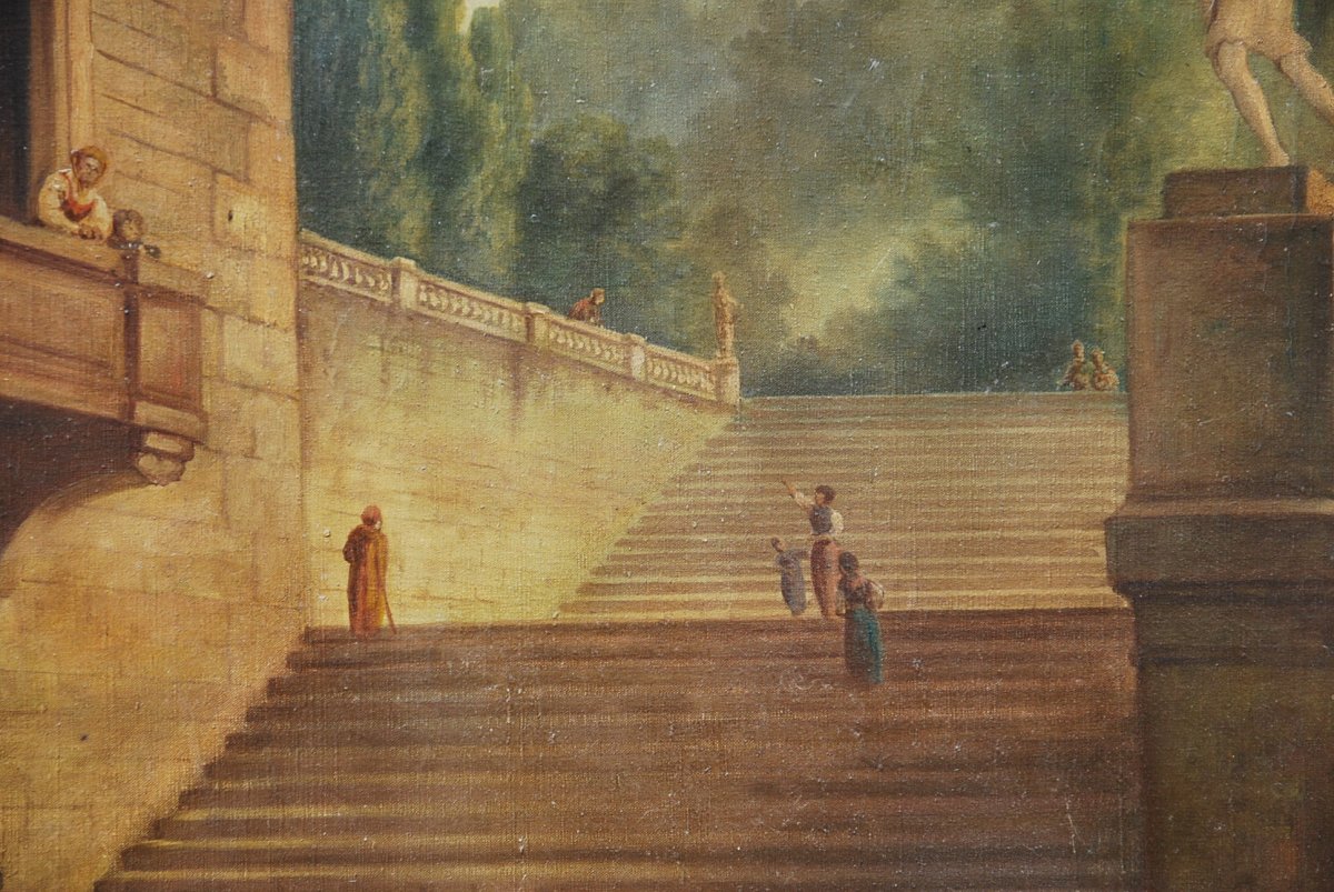 Oil On Canvas The Staircase Of The Roman Villa After Hubert Robert-photo-3