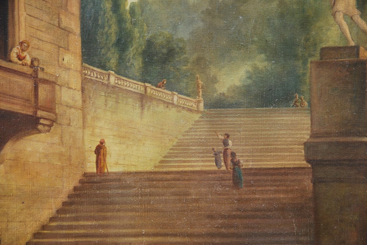 Oil On Canvas The Staircase Of The Roman Villa After Hubert Robert-photo-4