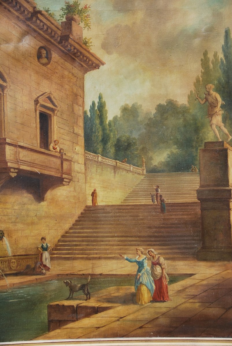 Oil On Canvas The Staircase Of The Roman Villa After Hubert Robert