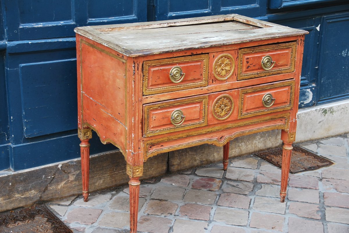 Commode Laquée Corail Italie D époque Louis XVI-photo-4