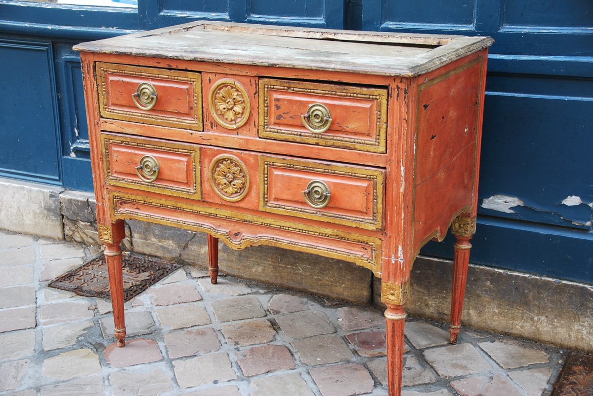 Commode Laquée Corail Italie D époque Louis XVI
