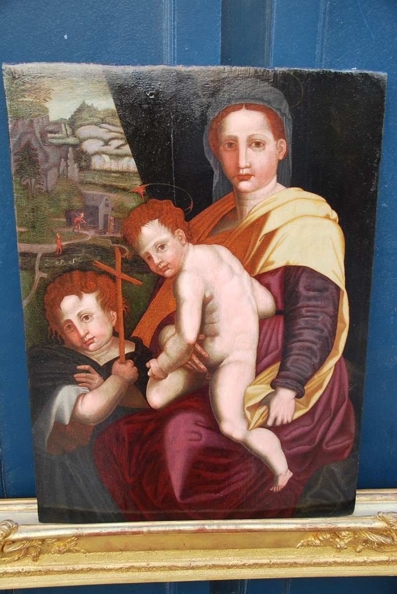 Vierge, Saint Jean Baptiste Et L Efant Jésus , Huile XVI Renaissance Italienne -photo-3