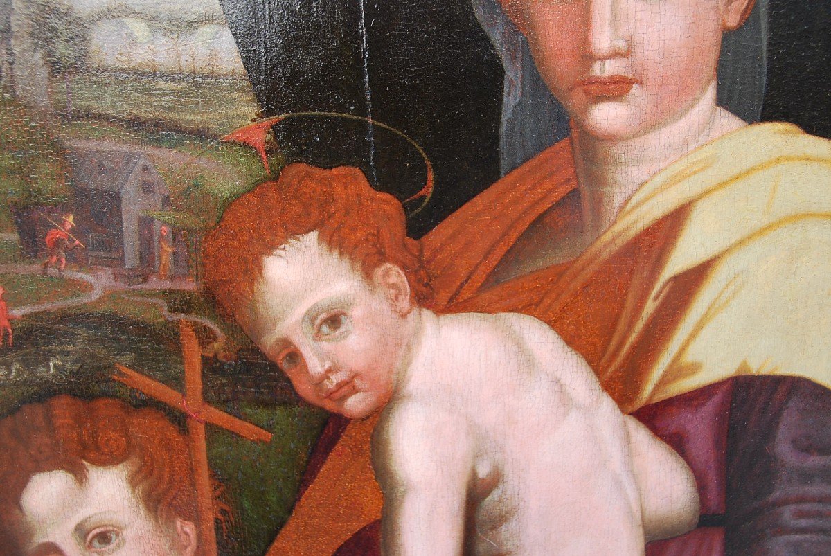 Vierge, Saint Jean Baptiste Et L Efant Jésus , Huile XVI Renaissance Italienne -photo-7