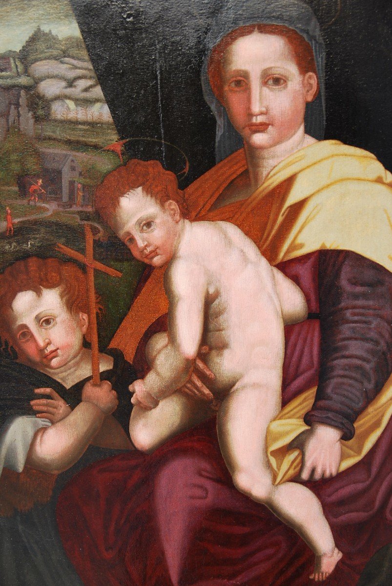 Vierge, Saint Jean Baptiste Et L Efant Jésus , Huile XVI Renaissance Italienne 