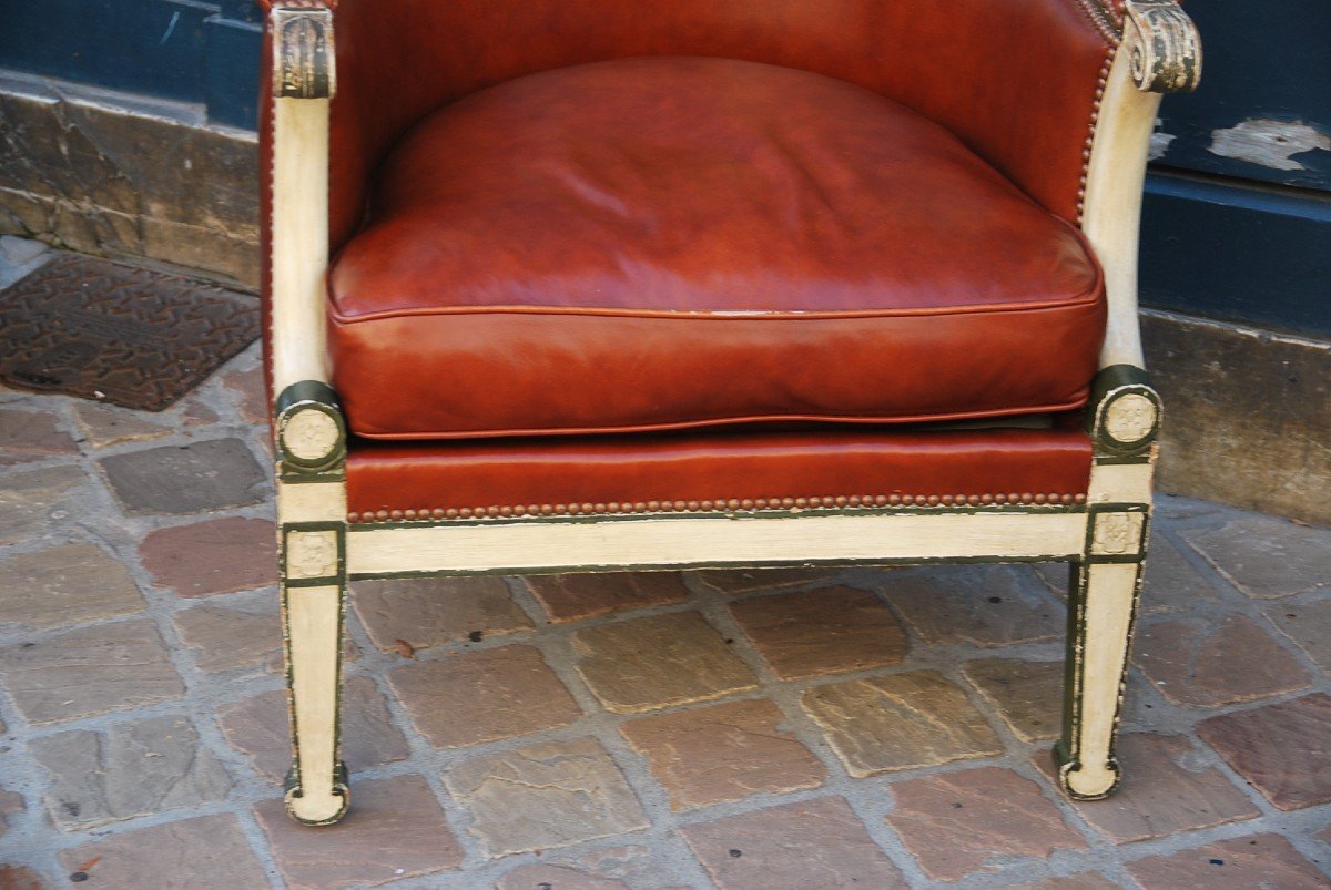 Bergère D Officier D époque  Consulat  En Bois Laqué  Et Cuir-photo-1