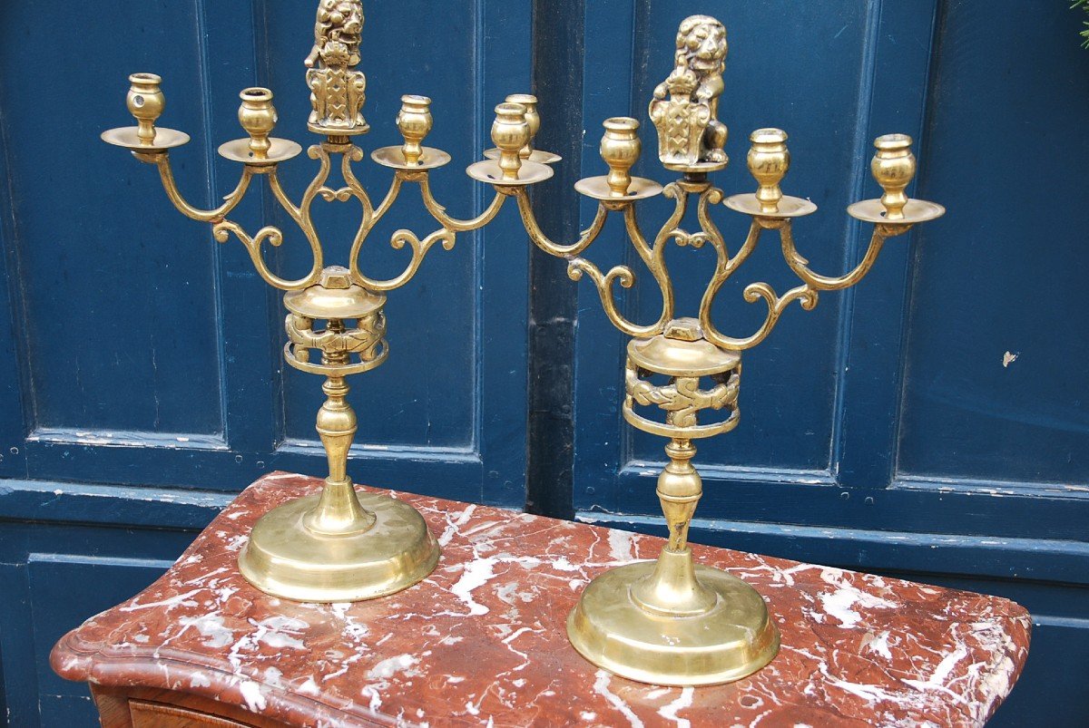 Paire De Chandeliers En Bronze Avec Les Armes D Amsterdam-photo-2